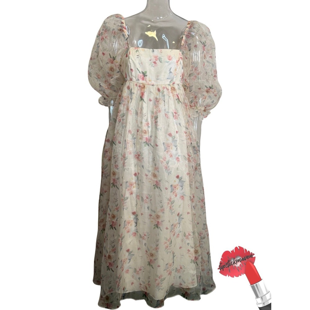 Worth Collective Maxi Dress Medium White Floral Puff Sleeves Fairy Bump Friendly